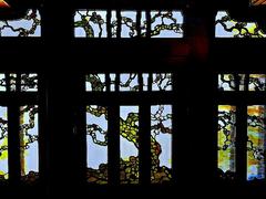 stained glass windows of the front door at the Gamble House