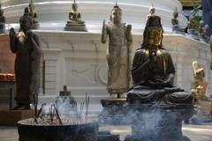 Burning incense in front of statues at Gangaramaya Temple