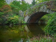 Central Park NYC in autumn with glacial lake and bridge