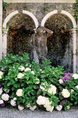 Hydrangea and statue at Isola Madre Botanical Garden in Lake Maggiore, Stresa, Italy