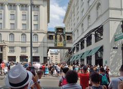 Ankeruhr at Hoher Markt in Vienna with visitors watching the figurine dance at noon