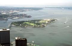 Governors Island from observation deck with Verrazano-Narrows Bridge in distance