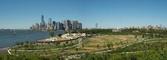 Aerial view of Governors Island with Manhattan skyline in the background