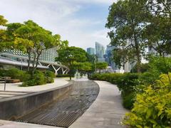 Singapore skyline with trees and ripe durian fruit in the foreground