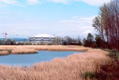 Fernando Buesa Arena basketball stadium in Vitoria-Gasteiz viewed from Salburua wetlands