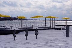 bike racks and umbrellas at Billy Bishop Island Airport