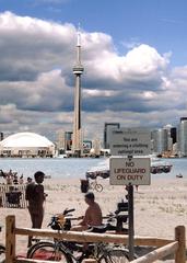 Hanlan's Point beach with fictional view of downtown Toronto skyline