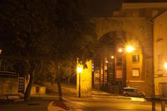 Night view of Acueducto de los Pilares in Oviedo