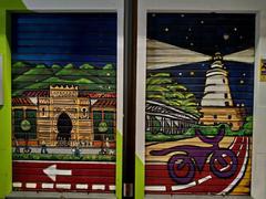 Mural depicting the Farola of Málaga and the Atarazanas market on the shutters of Málaga Bike Tours and Rentals