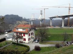 A view of Fribourg, Switzerland, showing traditional buildings and the Sarine River.