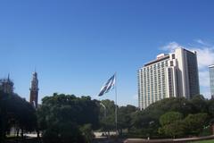 Monumental Tower with Argentine flag and Sheraton Hotel in Retiro, Buenos Aires