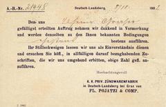 Postkarte mit Bestätigungsaufdruck vom 8. Oktober 1902 von der Zündwarenfabrik in Deutsch-Landsberg