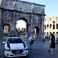 2014 Peugeot 208 Patrol Car of the Polizia Locale di Roma Capitale near The Arch of Constantine in Rome