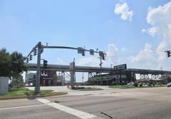 Clearview Parkway in Elmwood, Louisiana with a freight train on rail ramp leading to the Huey P. Long Bridge