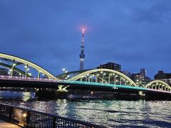 Tokyo Skytree towers over Sumida with beautiful illuminations at night