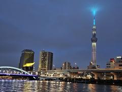 Tokyo Skytree illuminated at night in Sumida, Tokyo, Japan