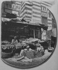 Historic illustration of a seller showcasing various fruits