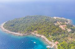 Aerial view of the port and the Benedictine Monastery of St. Mary on Lokrum island in Croatia