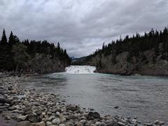 Scenic view of Banff's mountains with a river and lush greenery