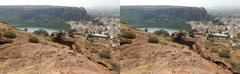 Badami cave temples, South Fort view, and Agasthya Lake from Badami Shivalaya