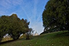 Almudena Cathedral in the distance with a dramatic sky