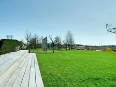 Baakenpark with wooden seating platforms and future swing frames in HafenCity, Hamburg