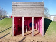 Baakenpark playground in Hamburg with unique wooden playhouses