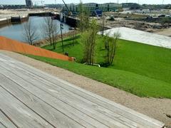 View from Himmelsberg in Baakenpark overlooking the eastern end of Baakenhafen harbor basin