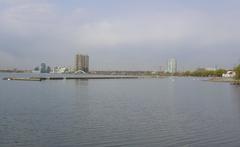 Etobicoke viewed from Budapest Park in Toronto with the Humber Bay Arch Bridge visible in the distance