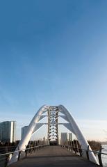 Humber Bay Arch Bridge with a clear blue sky background