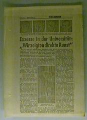 Kronen Zeitung newspaper article about Kunst und Revolution performance, University of Vienna 1968