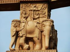 Elephants sculpture at Shanti Stupa Gate in Indraprastha Park, New Delhi, India