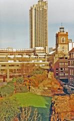 Barbican Estate 1991, Roman London Wall remains, St Giles Cripplegate church, Lauderdale Tower