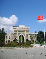 Main entrance gate of Istanbul University on Beyazıt Square with Beyazıt Tower in the background