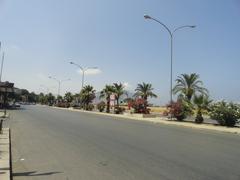 summer street view at Foro Italico Umberto I in Palermo, Sicily, Italy with flowers, palm trees, Monte Pellegrino, and seaside