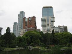 Japanese Garden in Buenos Aires with high rises in the background on Figueroa Alcorta Avenue and Casares Avenue, including the Viñoly Tower