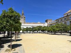 Alcazar of Seville view with garden and architectural details