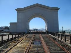 Pier 43 arch and old railroad tracks in June 2017