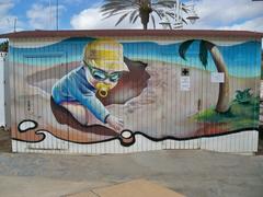 Colorful mural by artist Lalo Luque on a service module at Misericordia Beach in Málaga, Spain