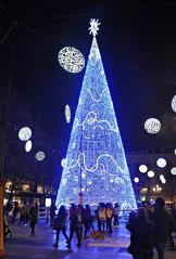 Plaza Bib Rambla decorated with Christmas lights at night in Granada, 2018