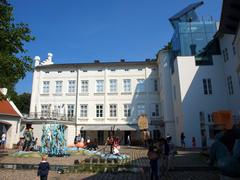 courtyard of Muzeum Kampa with modern art sculptures