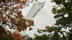 Olympic Stadium tower blending into nature, Montreal