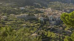 Banyalbufar town with Serra de Tramuntana and Mediterranean Sea