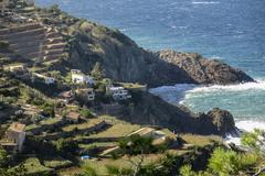 Banyalbufar village in Mallorca with Tramuntana mountains and Mediterranean Sea