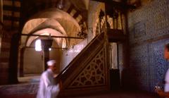 Aqsunqur Mosque interior with blue tiles and Minbar old Cairo