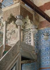 Upper kiosk of the minbar at Aqsunqur Mosque in Cairo with Square Kufic panel