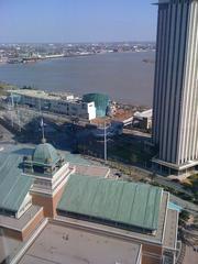 view of the Mississippi River with the Aquarium of the Americas and the World Trade Mart in New Orleans