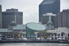 Aquarium of the Americas and New Orleans skyline viewed from the Mississippi River