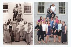 Founding Mothers posing on John Harvard statue in 1974