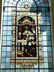 Stained glass window in Woolwich Town Hall depicting King Edward III and a royal party at Eltham Palace